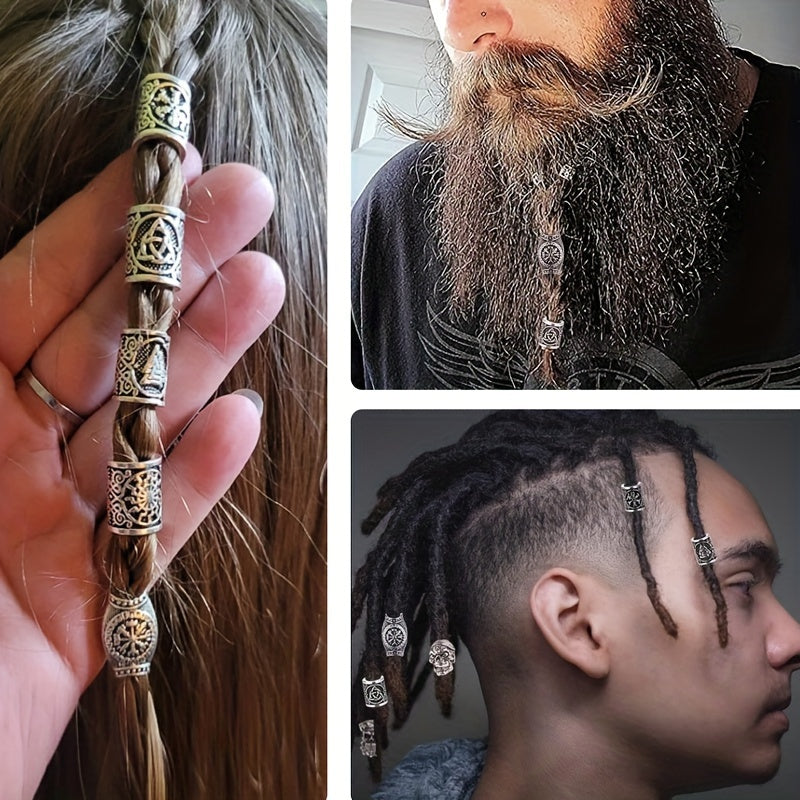 Set of 85 Viking Hair Beads with Runic Patterns for Braided Hairstyles