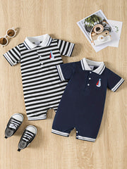 Baby Girls and Boys Summer Cotton Short Sleeve One-Piece and Crawler Suit with Half-Open Chest