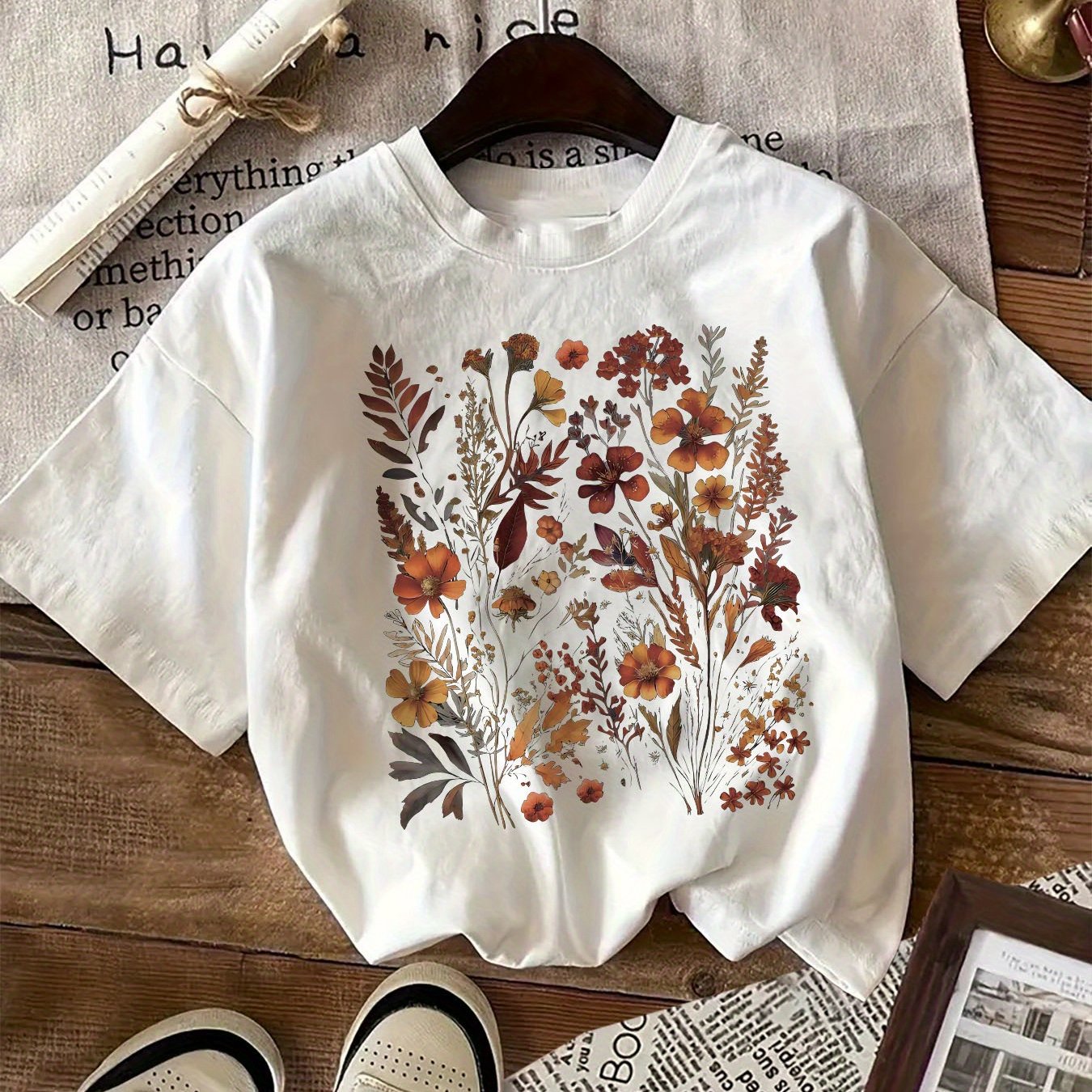 Women's Floral Graphic Print Cotton T-Shirt Crew Neck Short Sleeve Casual All Seasons