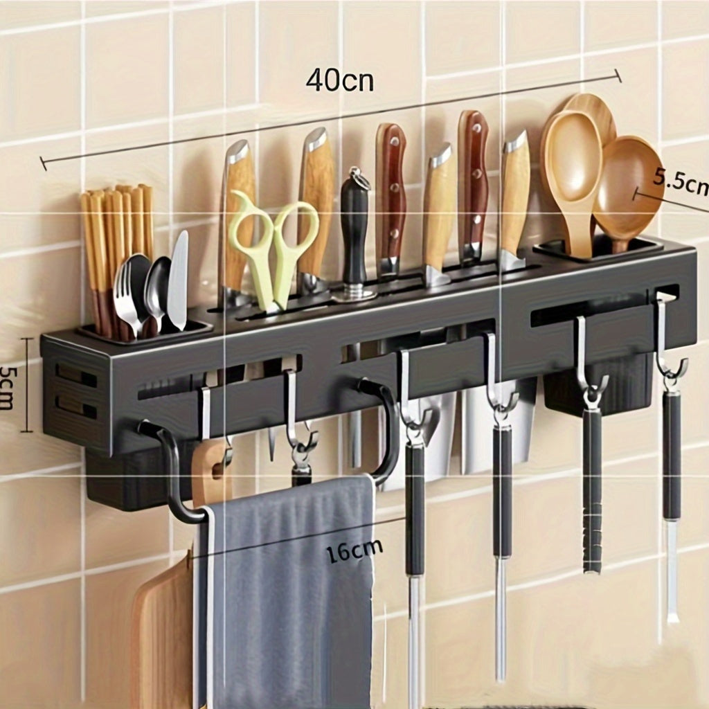 Wall-Mounted Carbon Steel Knife Rack with Hooks Towel Rod and Utensil Caddy