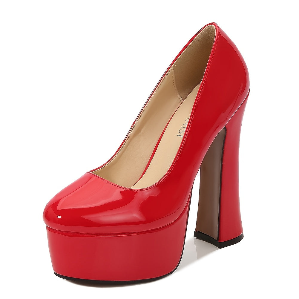 Women Patent Leather High Heels Pointed Toe Pumps Chunky Heel