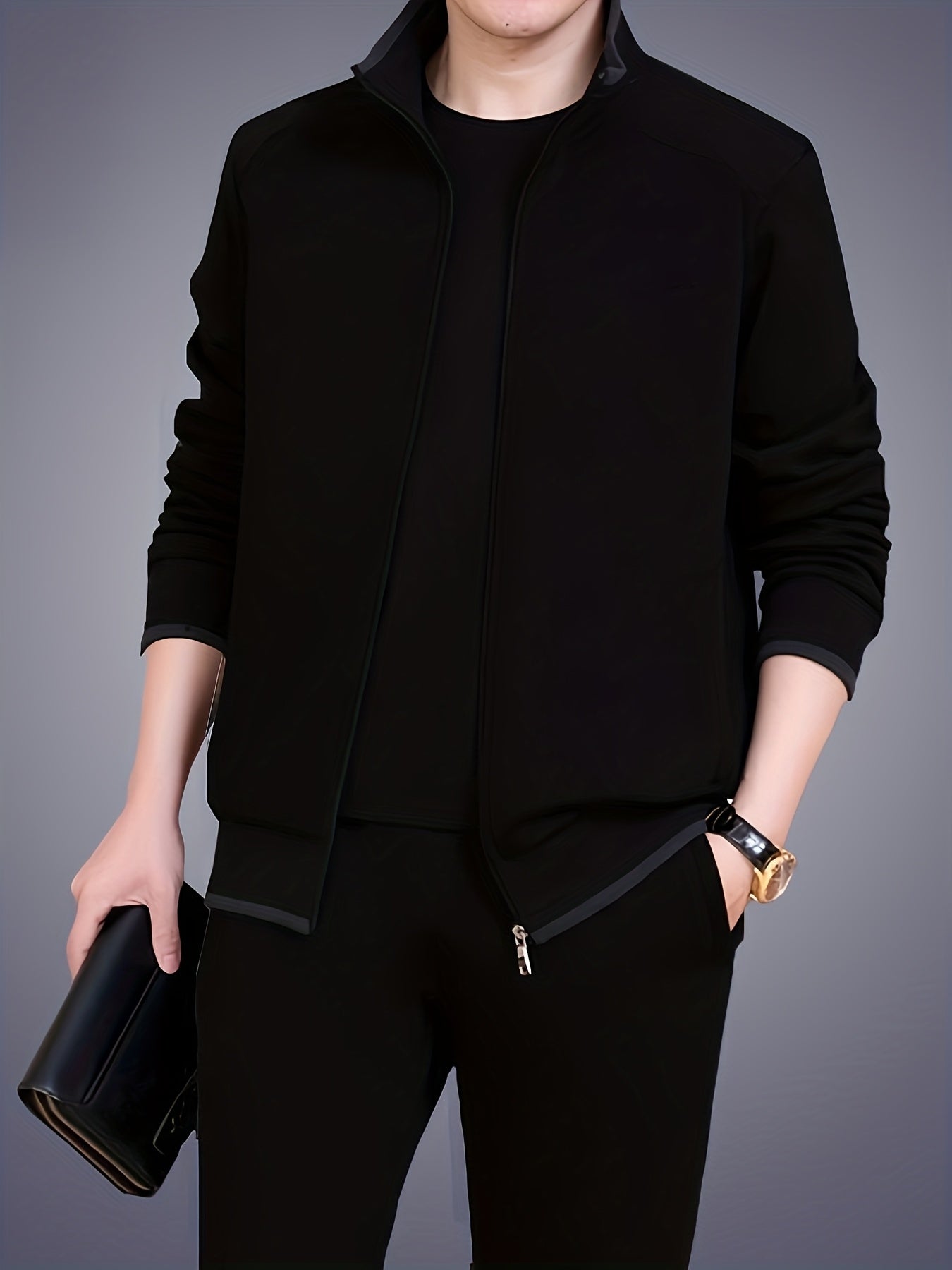 Men's Spring Sports Suit Long Sleeve Stand Collar Open Chest Casual Autumn for Middle-Aged Dads