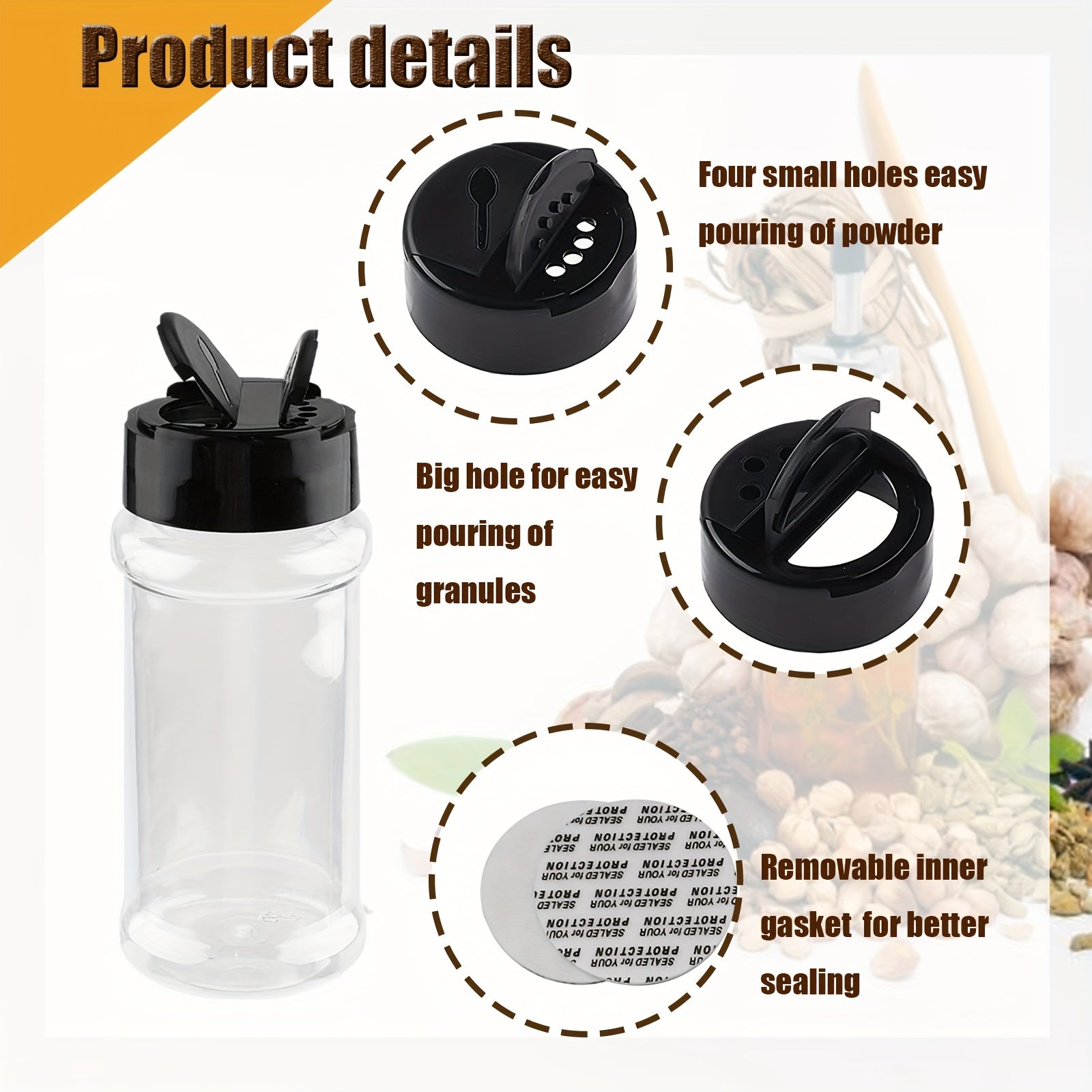 12 ta 3oz shaffof plastik ziravorlar idishlari to'plami, silkituvchi va yorliqlar bilan, ziravorlar, o'tlar va ta'mlar uchun xavfsiz dumaloq PET idishlar - BPA dan holi, qo'lda yuvish mumkin, gullar qanoti yopilishi, oziq-ovqat bilan aloqa uchun xavfsiz.