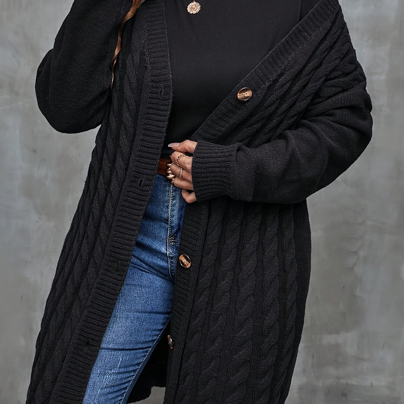 Plus Size Elegant Knit Polyester Cardigan for Fall Winter