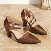 Women's Block Heel Pointed Toe Pumps Waterproof Striped Synthetic Dress Shoes