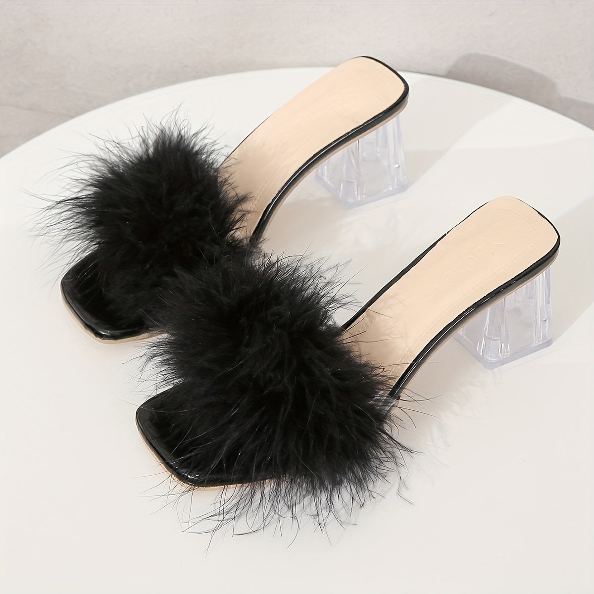 Women's Faux Fur Decor Chunky Heel Sandals Square Toe Slip-On Summer Dress Shoes