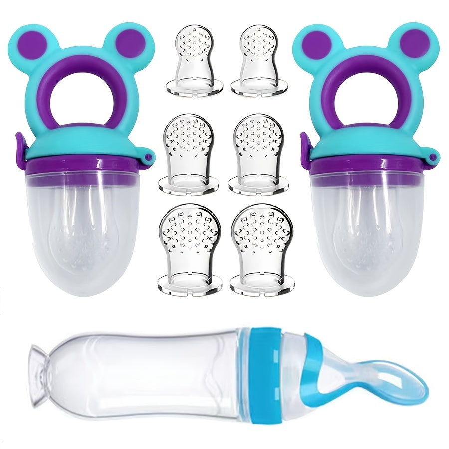 Baby Feeding Set 9 Pieces Silicone Squeeze Bottle Fruit Feeder Teething Pacifier Toys for Infants