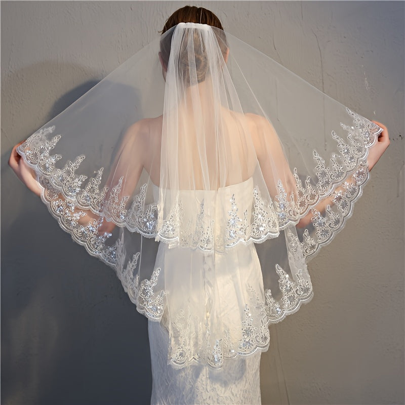 2-Layer Sequin Bridal Veil and Comb Set for Weddings and Events