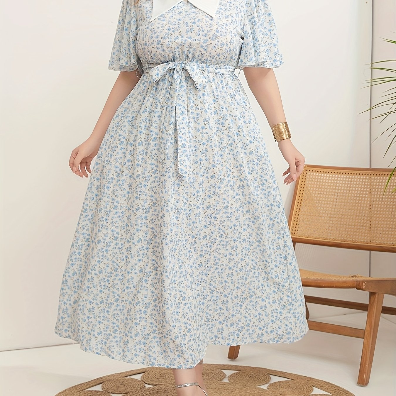 Plus Size Women's V-Neck Tunic Dress Polyester All-Season Woven Fabric