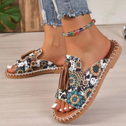 Bohemian Canvas Sandals for Women with Tassel and Ethnic Pattern Slip-On Open Toe Flat Summer Shoes