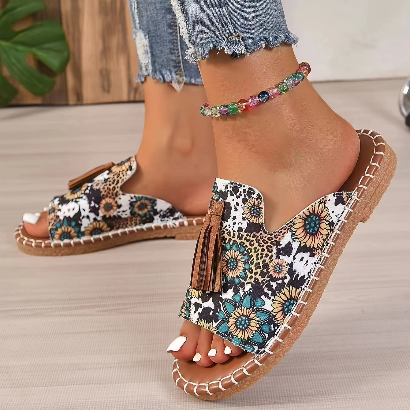 Bohemian Canvas Sandals for Women with Tassel and Ethnic Pattern Slip-On Open Toe Flat Summer Shoes