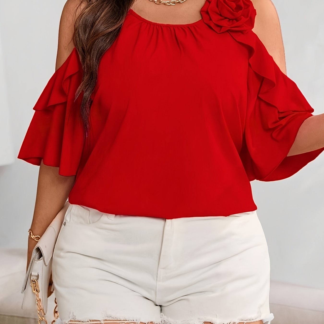 Plus Size Women's Summer Ruffled Blouse - Pink Floral Cold Shoulder Top