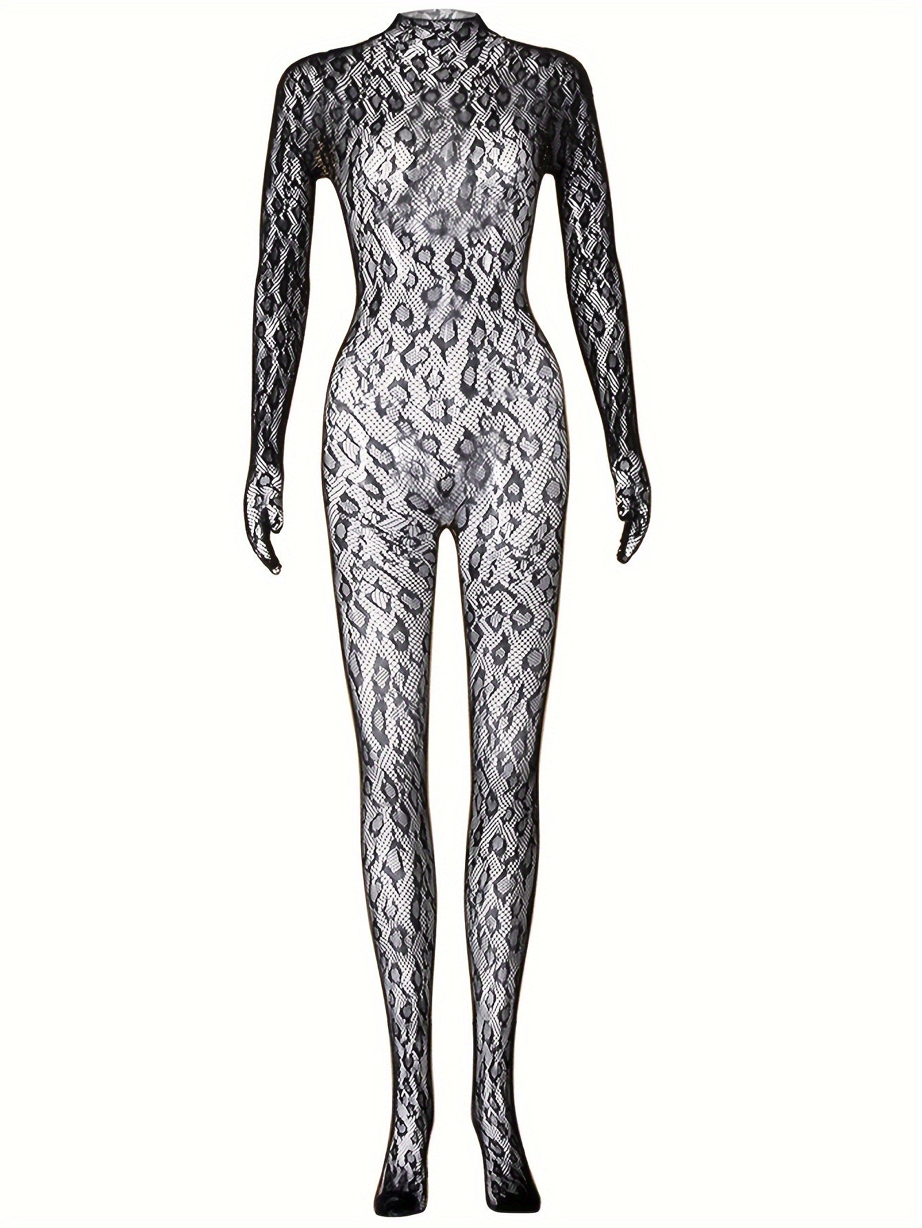 Black Lace Bodystocking with Intricate Patterns Long Sleeve Open Crotch See-Through for Festivals Beachwear