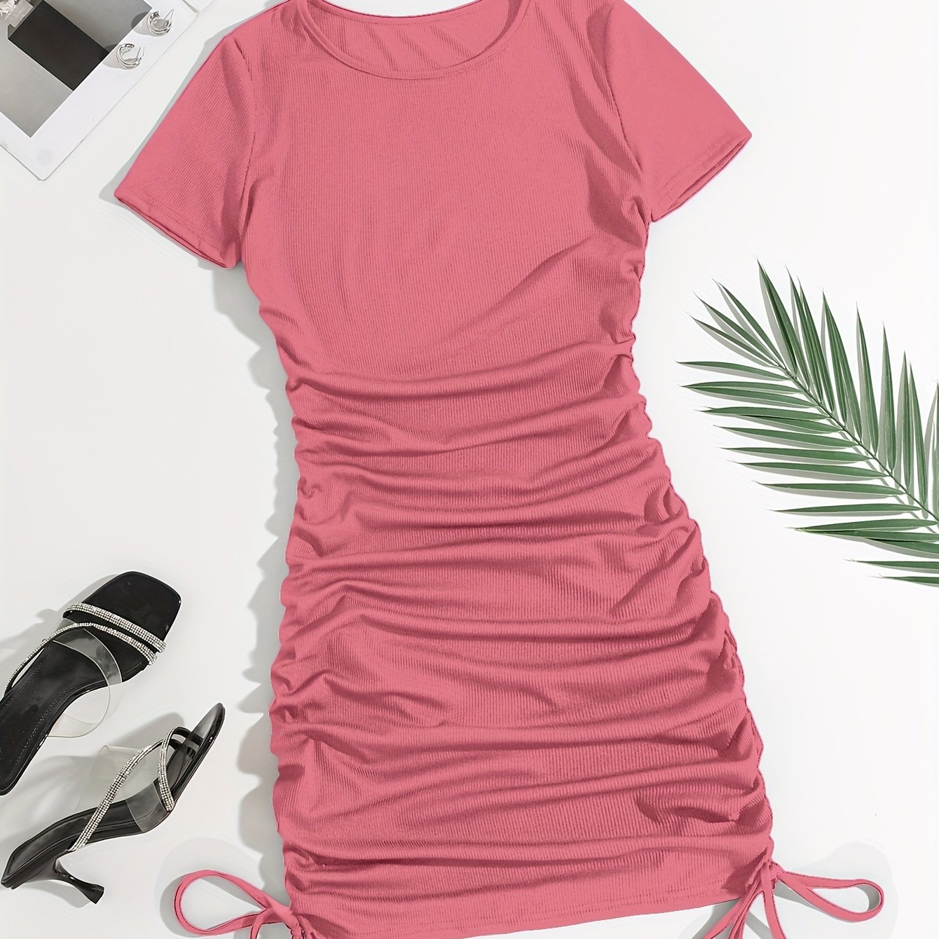 Women's Black Bodycon Dress with Ruching Short Sleeves and Flamingo Print