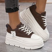Women's Casual Low-Top Sneakers Thick Rubber Sole Lace-Up White Brown Shoes
