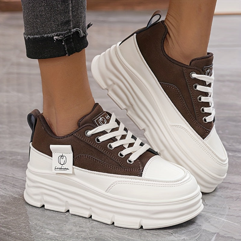 Women's Casual Low-Top Sneakers Thick Rubber Sole Lace-Up White Brown Shoes