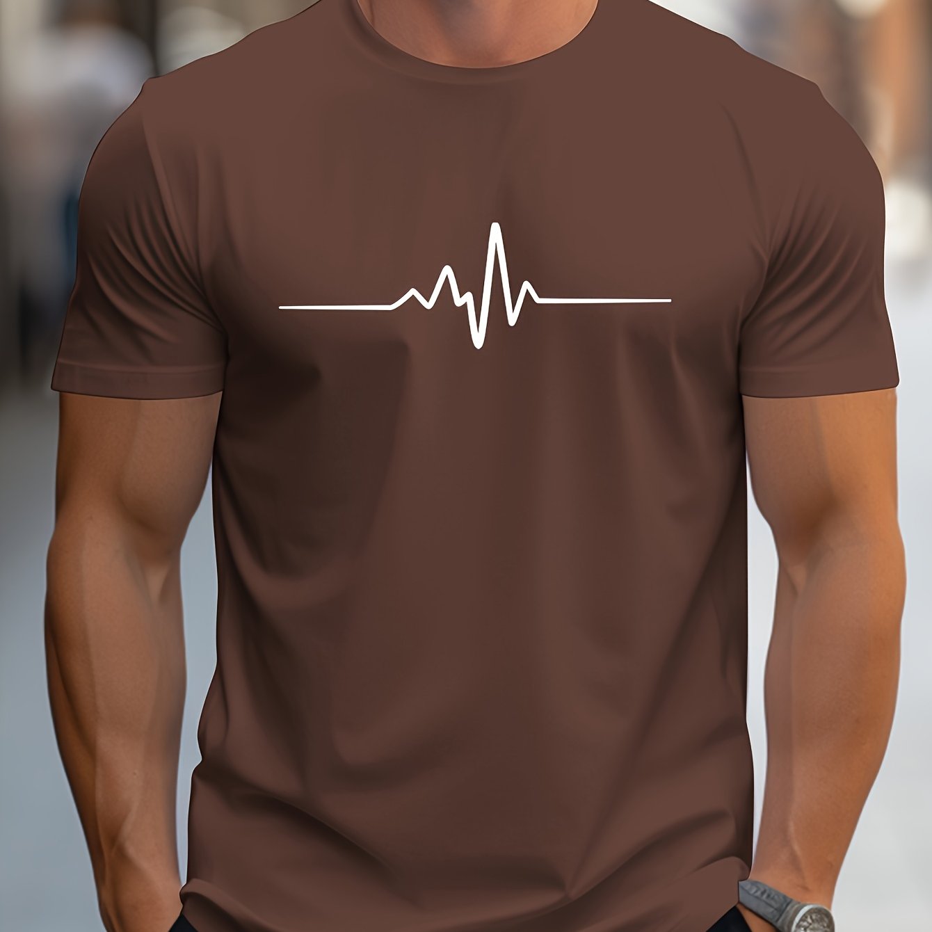 Unisex Navy Blue Heartbeat Print T-Shirt Summer Casual Crew Neck Polyester Elastane