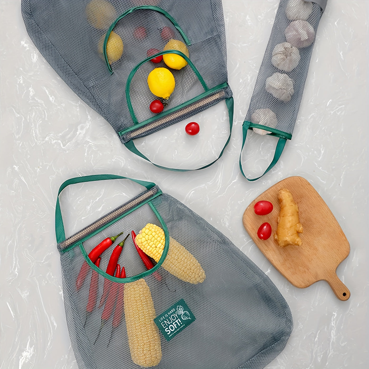 Bolsa de almacenamiento colgante de malla para frutas, verduras, ajo, jengibre, cebolla, organizador de cocina