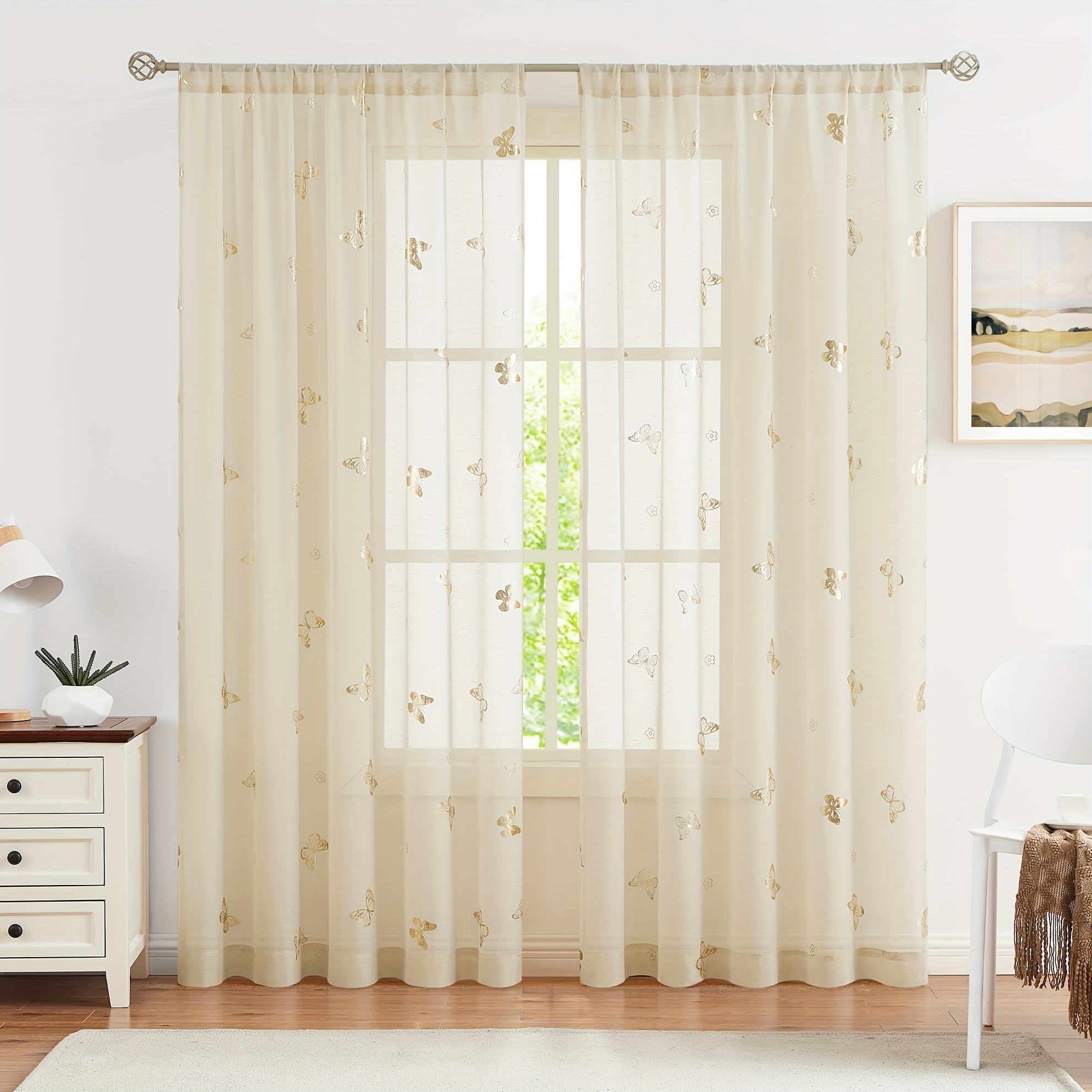 Golden Butterfly Translucent Linen Curtains for Bedroom or Living Room 63-95 Inches