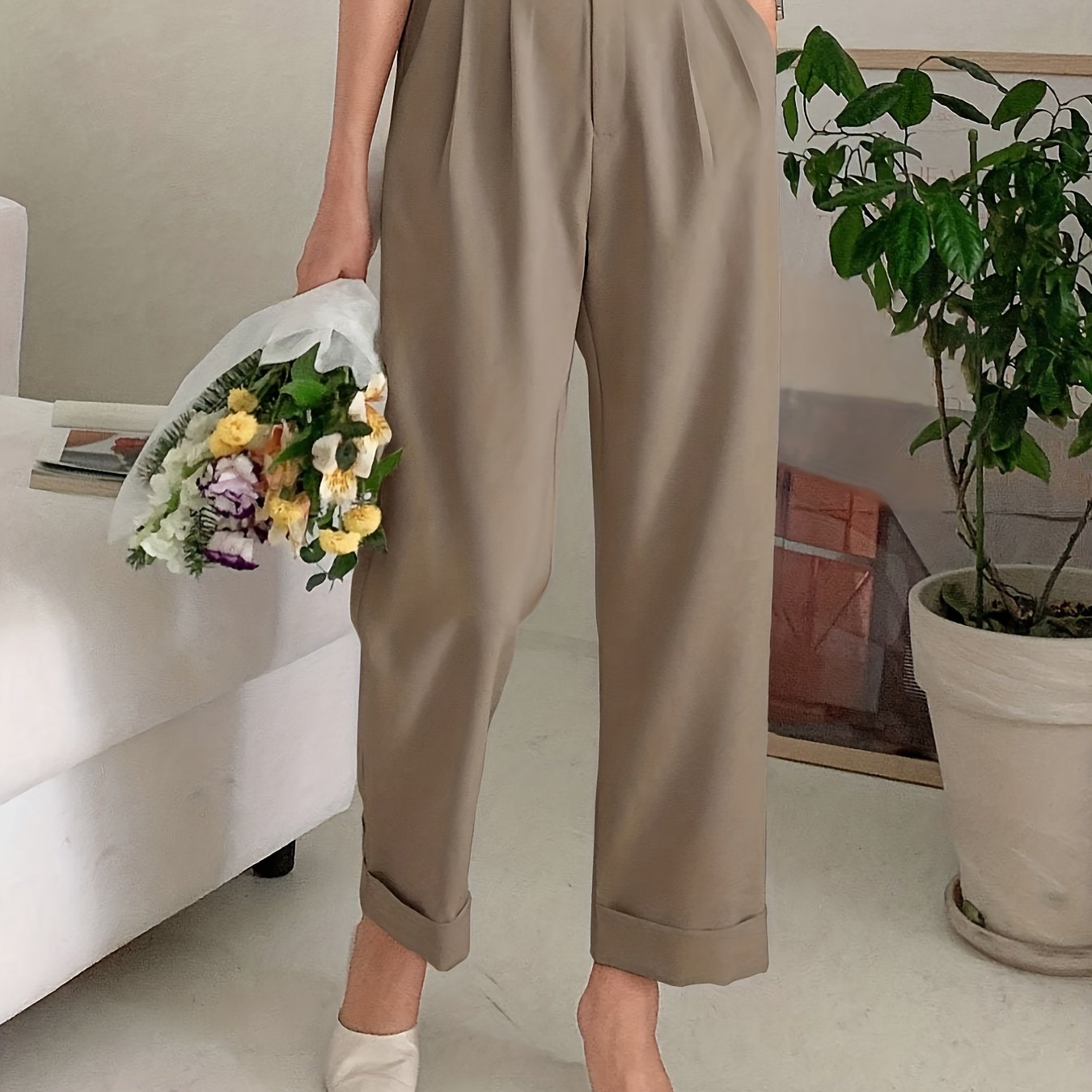 Pantalones de traje de pierna ancha para mujer con bolsillos inclinados, color sólido, casual, para todas las estaciones
