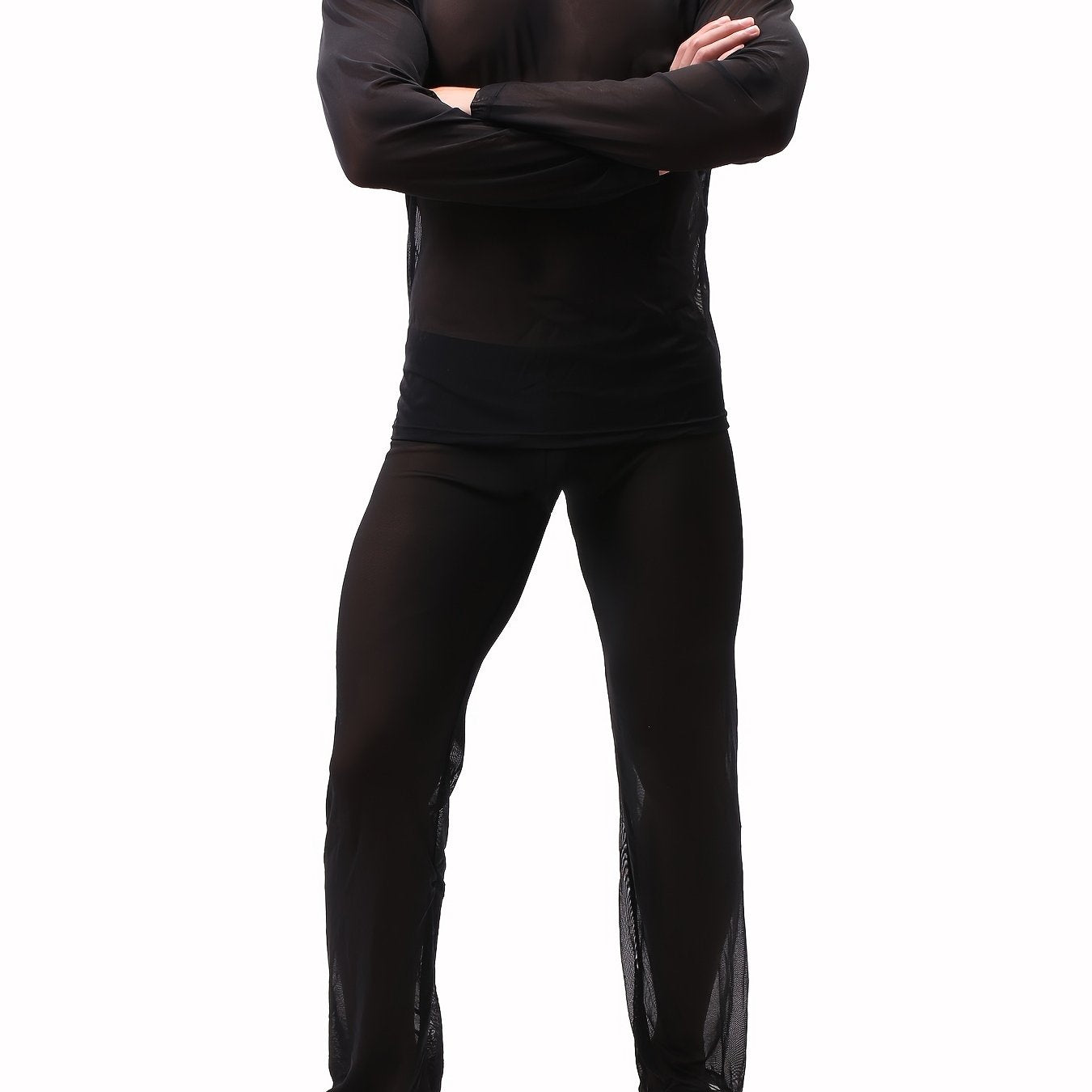 Conjunto de ropa de descanso de manga larga y tela transparente para hombre, de color sólido, poliéster y spandex
