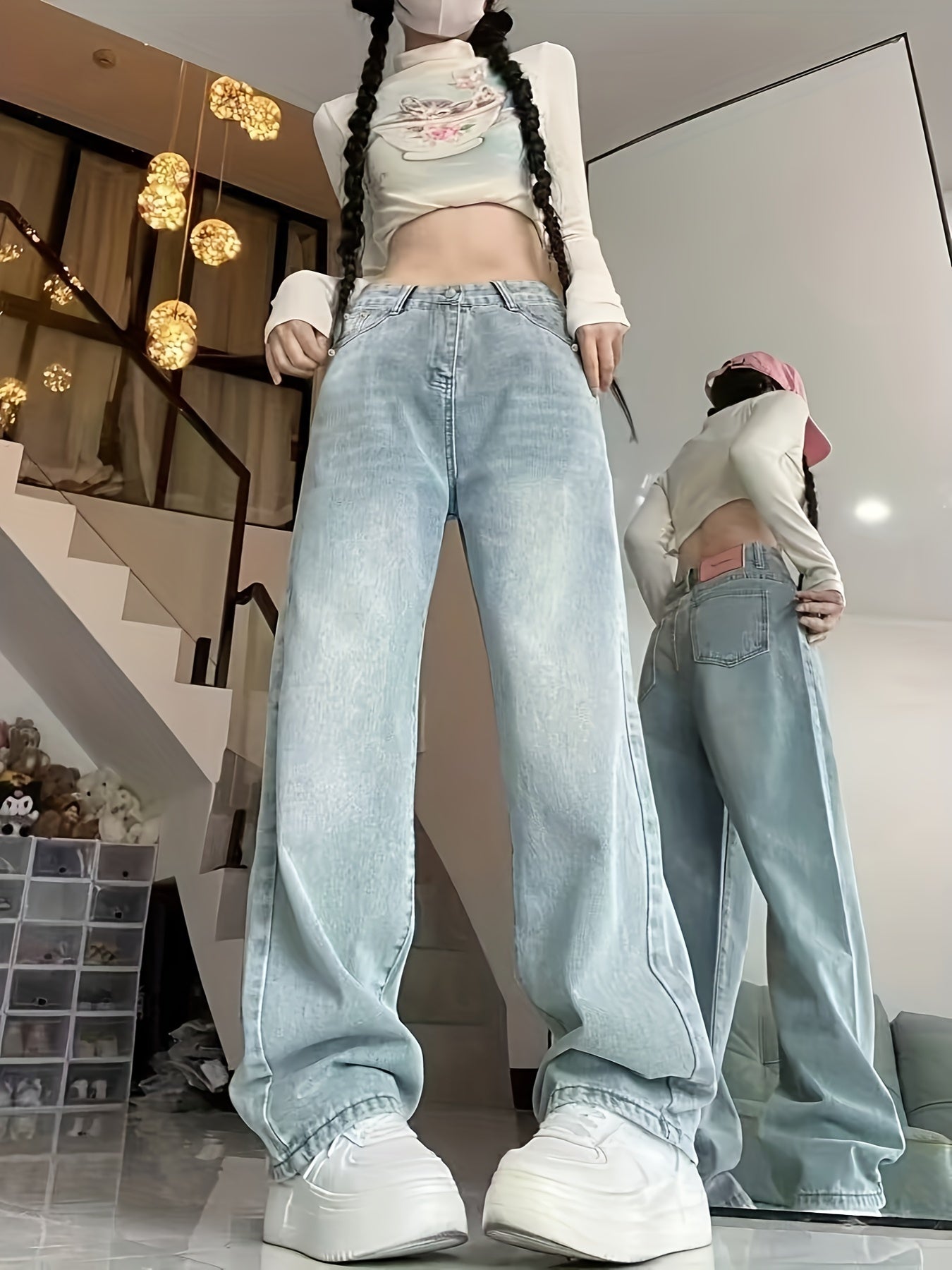 Women's Plus Size Denim Jeans High-Waisted Wide-Leg Solid Color Pants