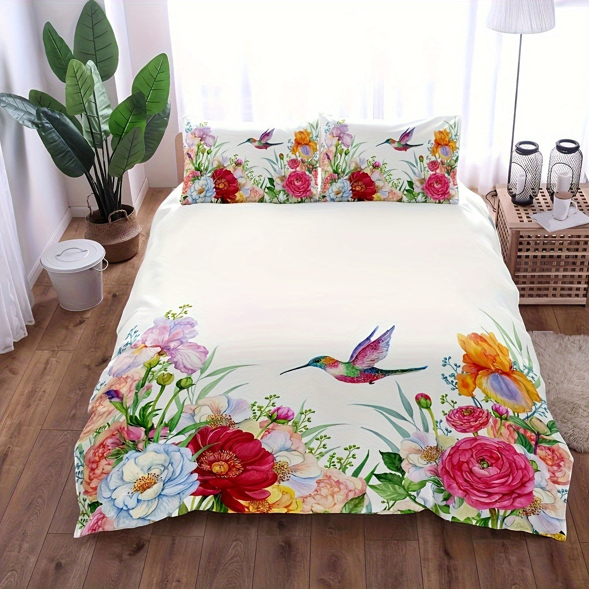 Set of 3 Floral Bird Print Duvet Cover Sets Breathable Bedding for Bedroom or Guest Room