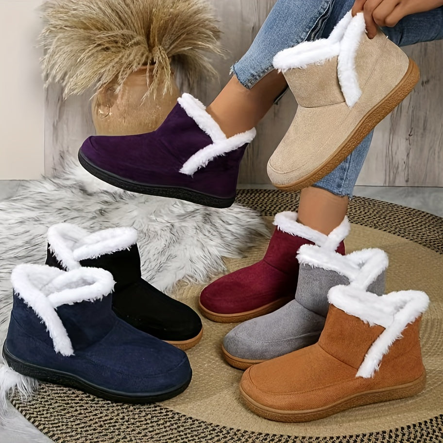 Women's Fleece-Lined Ankle Boots Casual Slip-On Short Boots Rubber Sole