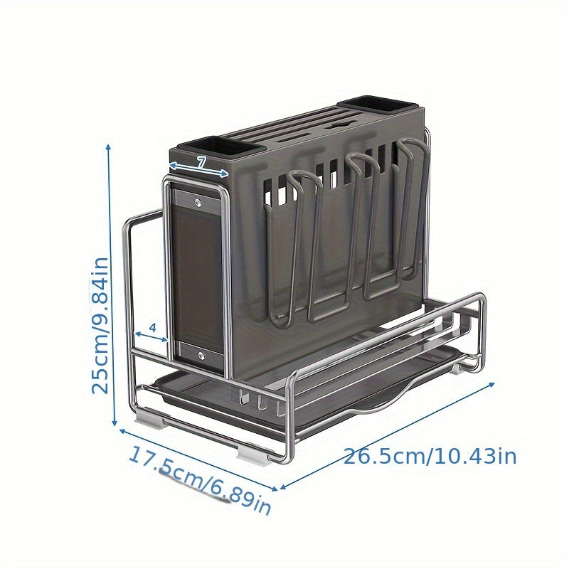 Stainless Steel Kitchen Knife Block with Drain Tray and Utensil Organizer