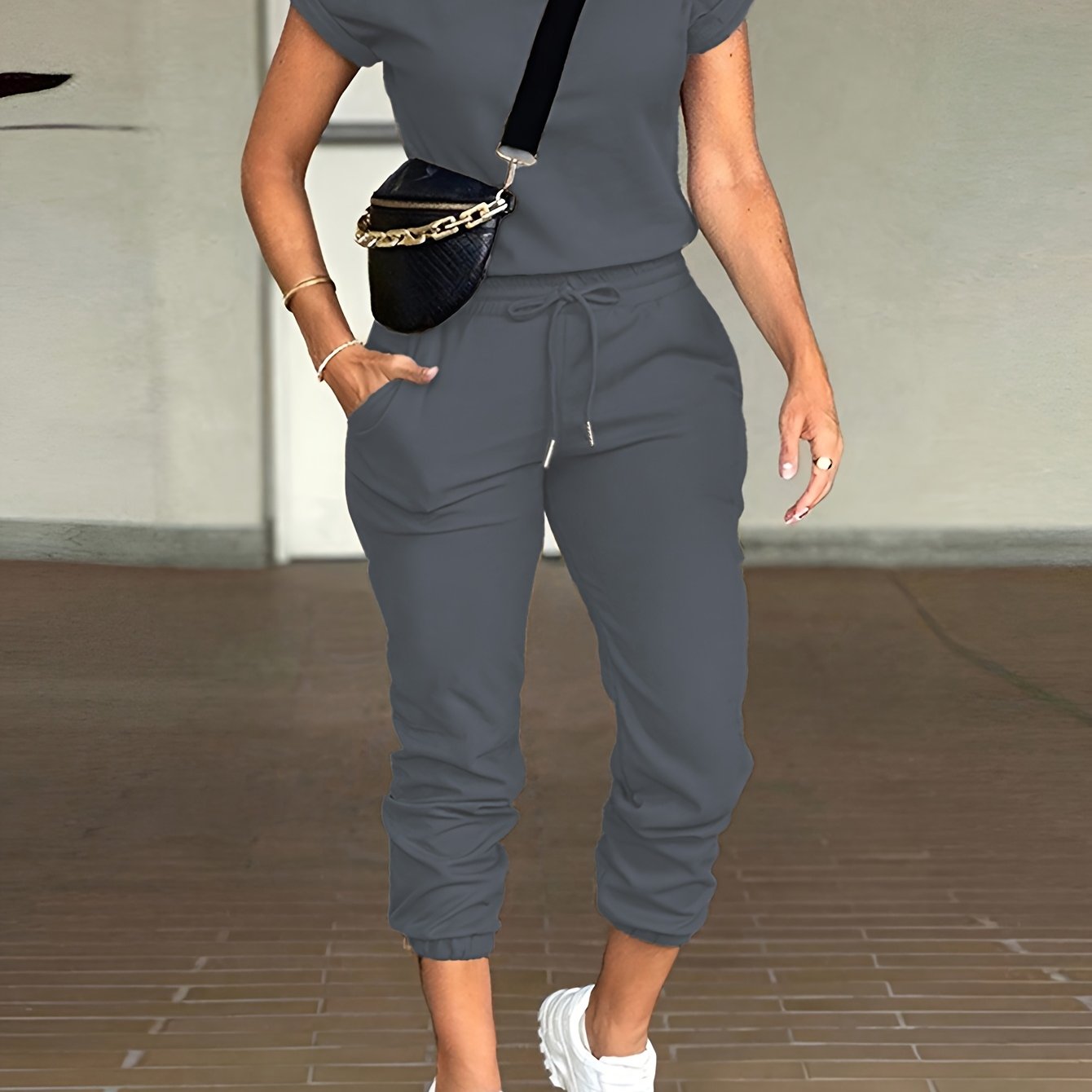 Women's Casual Autumn Slim Fit Round Neck Top and Work Pants Set