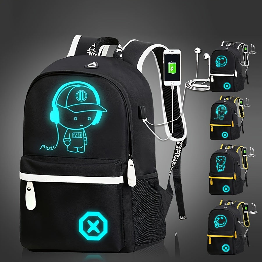 Glow-in-the-Dark Cartoon Backpack with USB Charging Adjustable Straps Zipper Closure