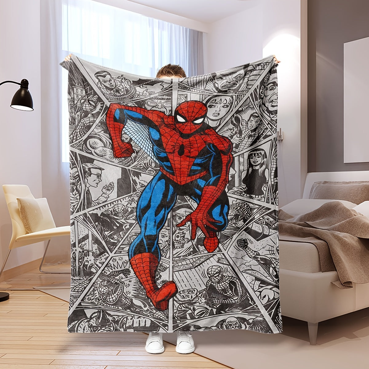 Multifunctional Plush Blanket with Spider-Man City Chase Comic Pattern for Kids and Adults