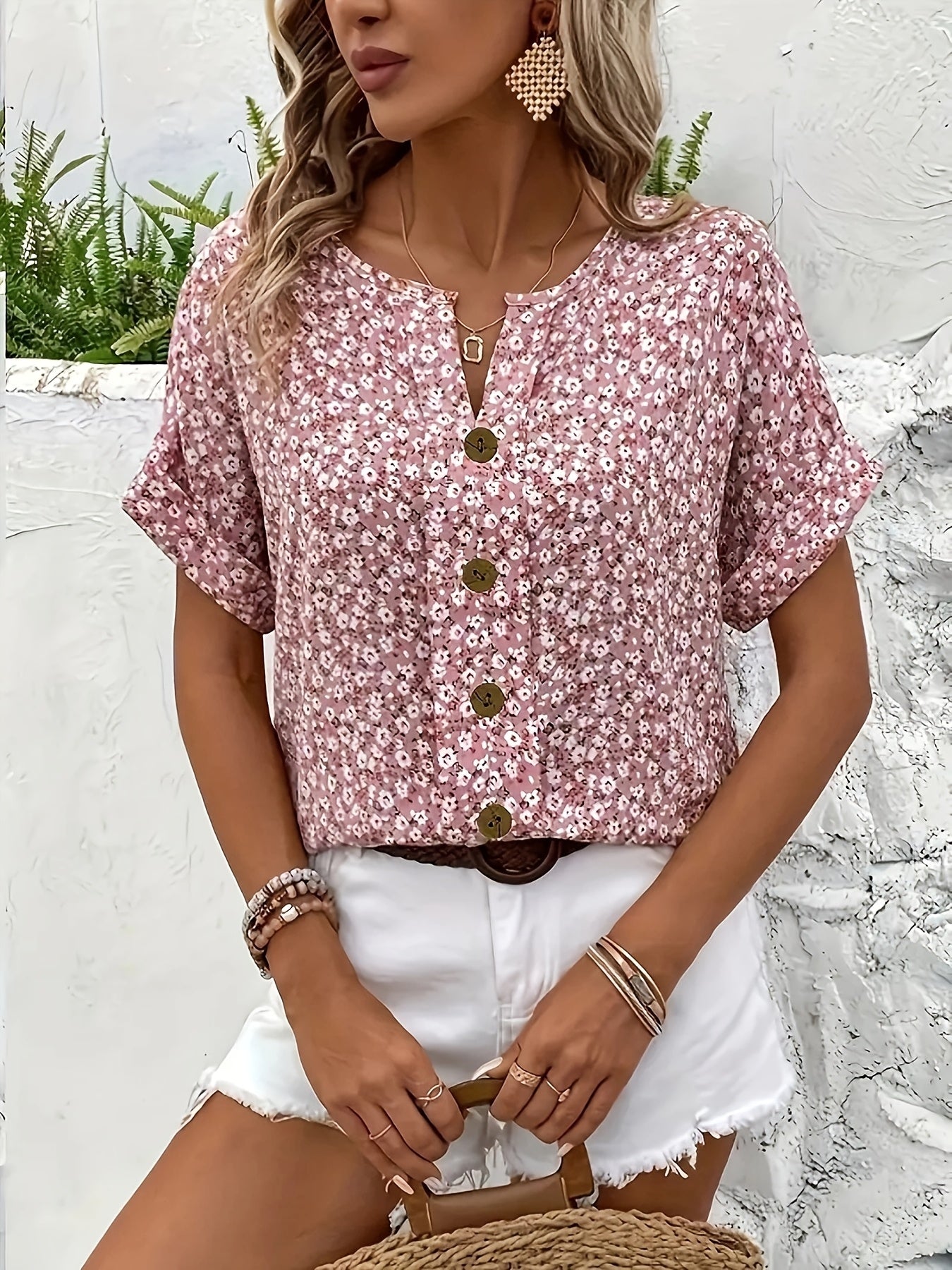 Women's Plus Size Floral Top Short Sleeve Blouse Notched Collar Summer Casual