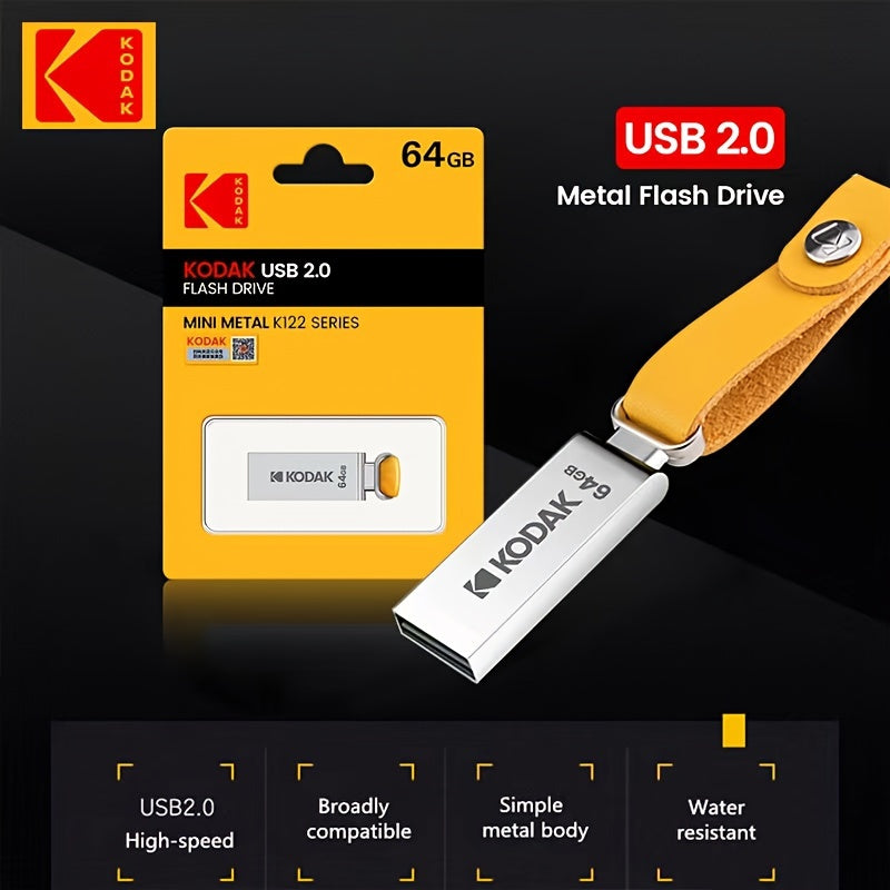 KODAK K122 USB 2.0 Metall Flesh Drayv zarbaga chidamli va 16GB, 32GB, 64GB va 128GB sig'imlarida mavjud.