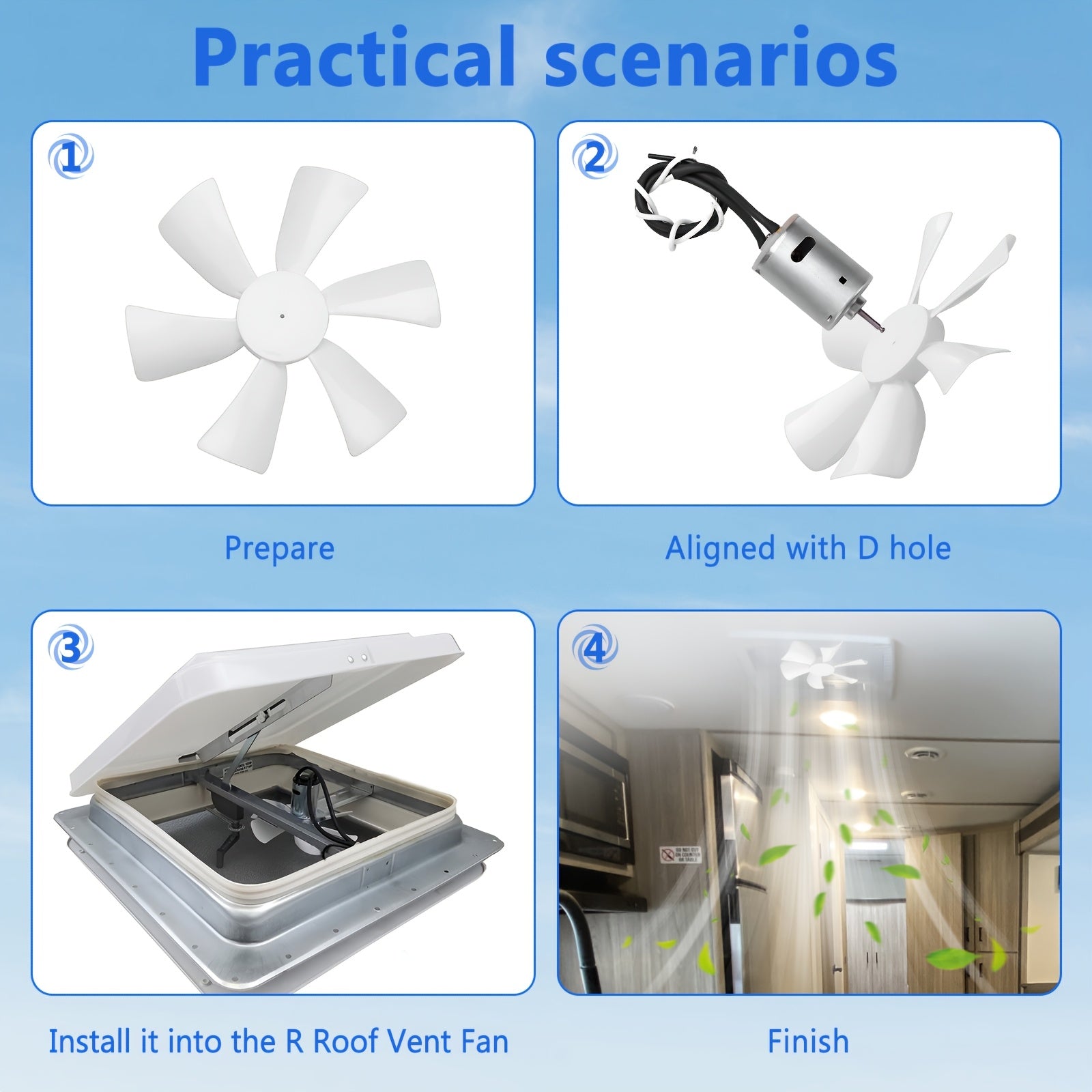 White RV Vent Fan Blades 15.24cm for 12V D-Shaft Motors Durable Plastic Replacement