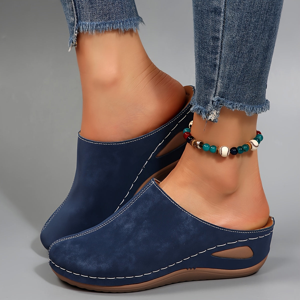 Women's Slip-On Mules Chunky Heel Round Toe PU Shoes Navy Blue All-Season Platform