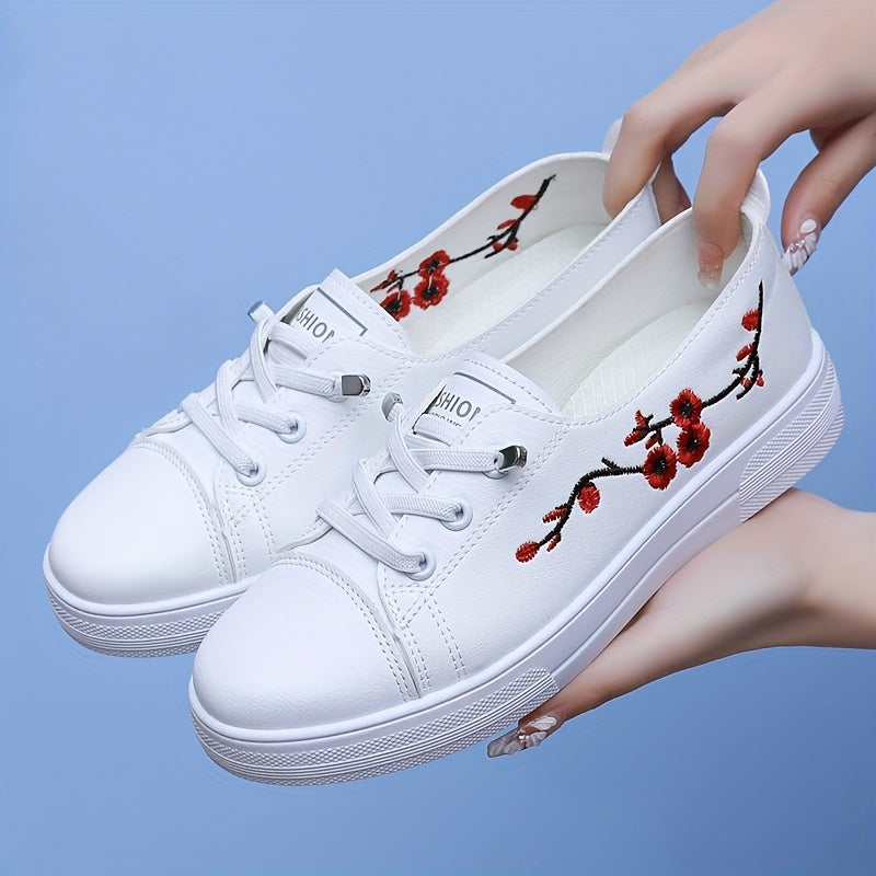 Women’s Floral Embroidery Sneakers Casual Slip-On Microfiber All-Season