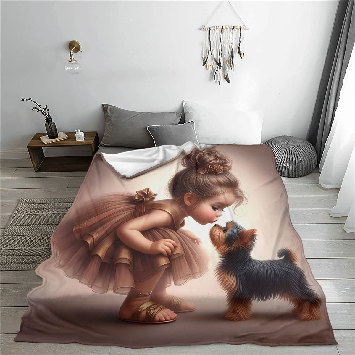 Soft Flannel Throw Blanket with Girl and Puppy Design Cozy Versatile for Couch Bed Office Travel