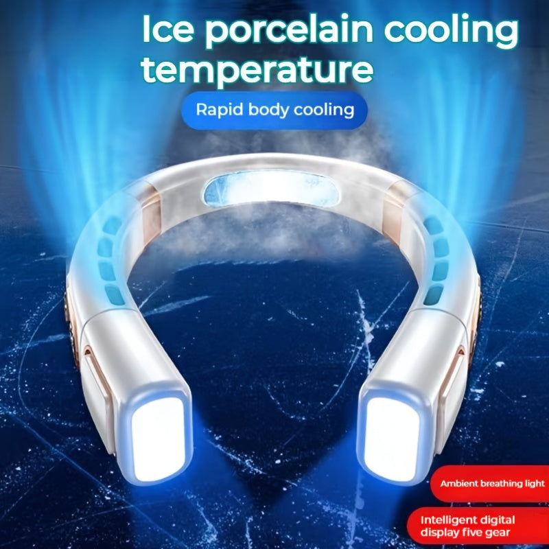 Rechargeable Neck Fan with Screen Display 5-Speed 360° Cooling for Travel Outdoor