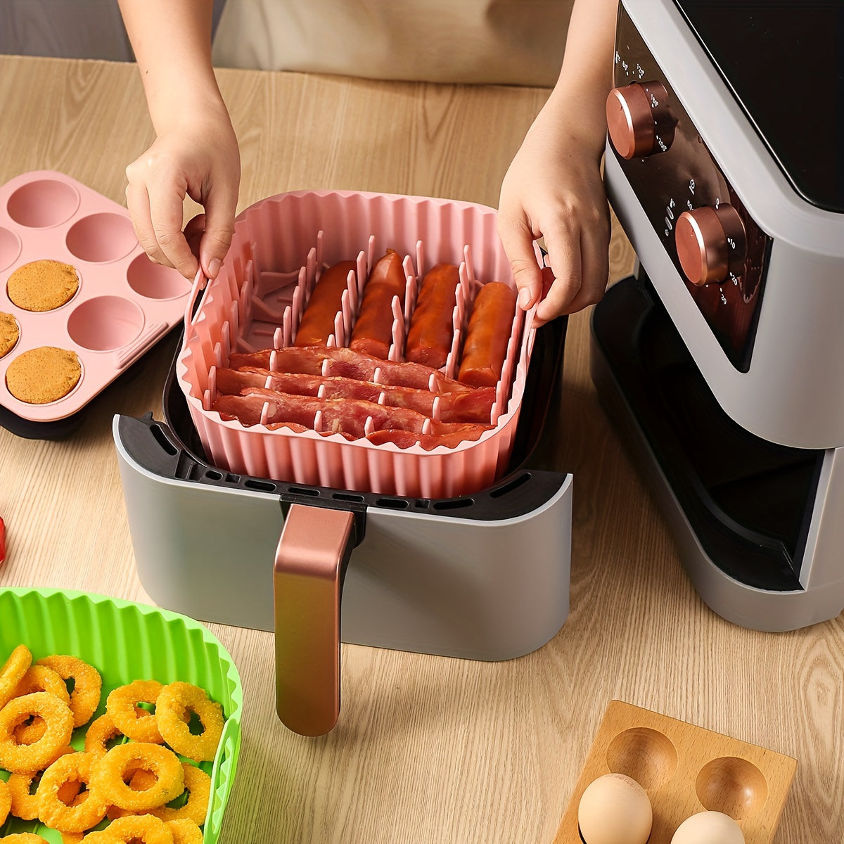 Square Air Fryer Silicone Set with Bacon Rack Cake Mold and Pan for 7QT+