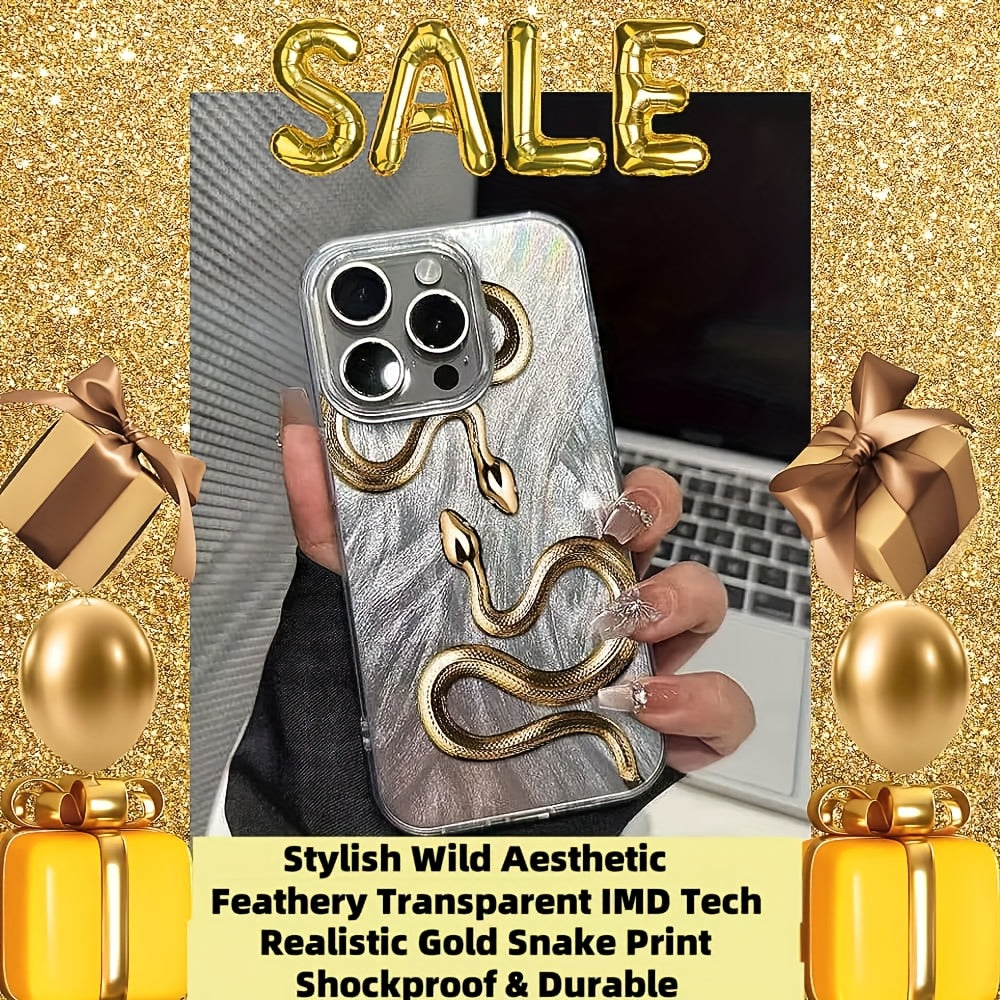 Transparent iPhone Case with Feather-Like Fabric and Gold Snake Design for 12-16 Pro Max