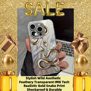 Transparent iPhone Case with Feather-Like Fabric and Gold Snake Design for 12-16 Pro Max