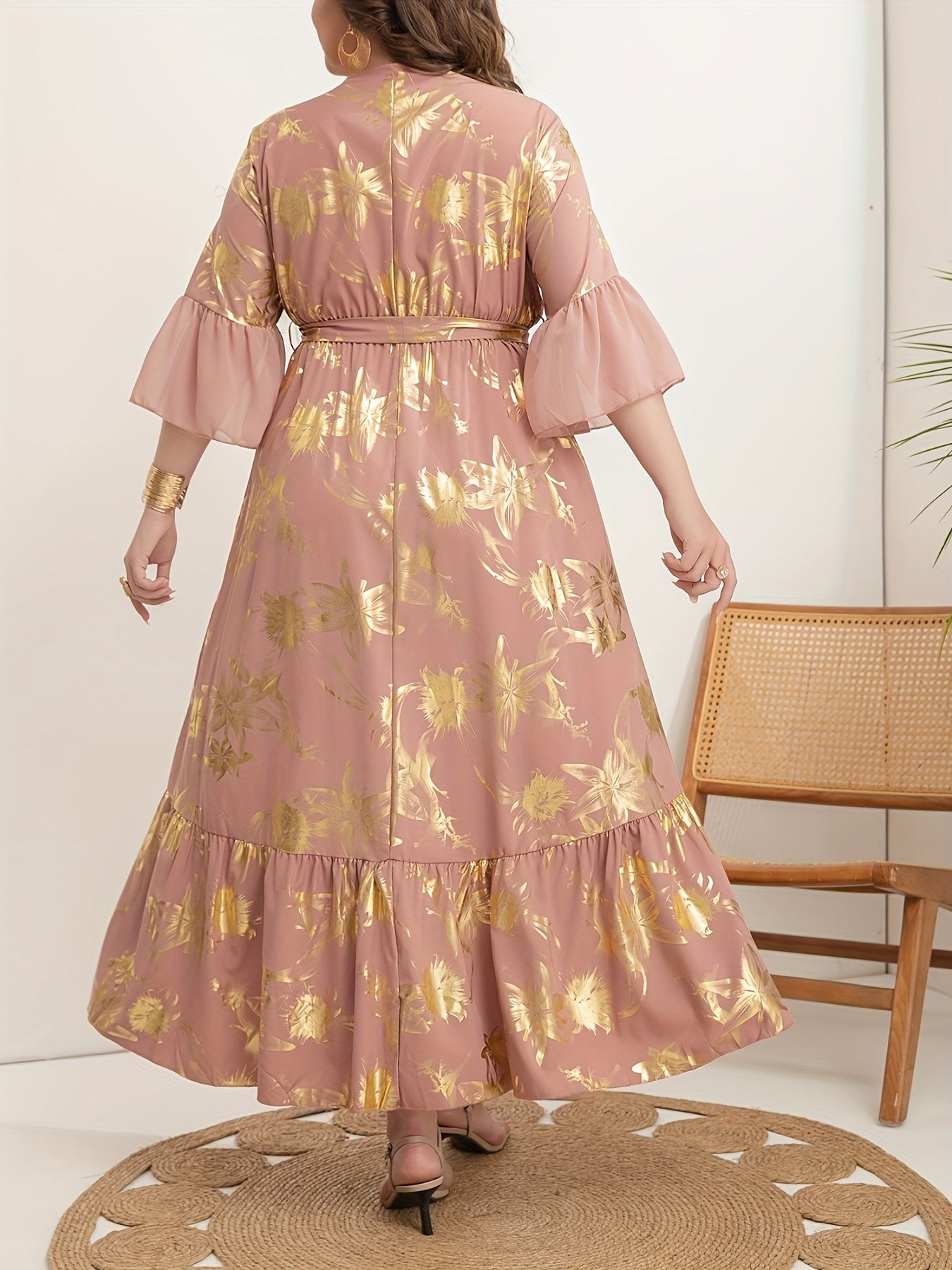 Plus Size Women V-Neck Tunic Dress Polyester All-Season Woven with Belt