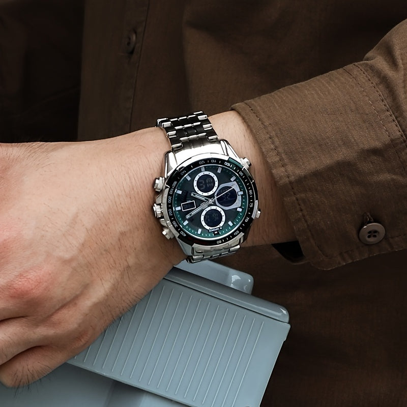 Men's Stainless Steel Sports Watch with Multifunctional Quartz and Luminous Display