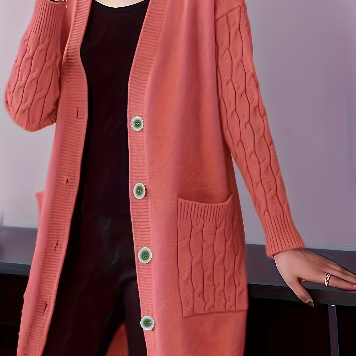 Cárdigan de punto con cable de talla grande, con abertura frontal y manga larga, ropa de otoño e invierno para mujer