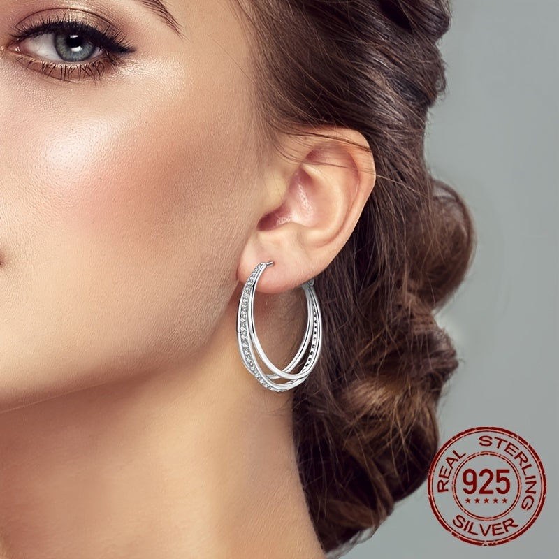 Sterling Silver 925 Earrings with Three Hoops and Zirconia for Women