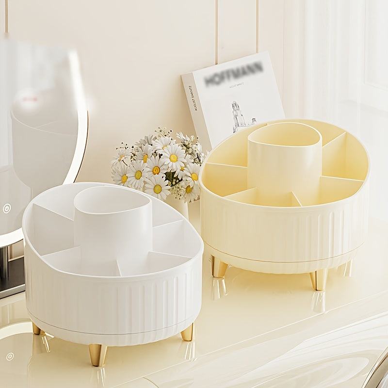 Pink and Gold Rotating Makeup Organizer with Multiple Compartments and Brush Holder