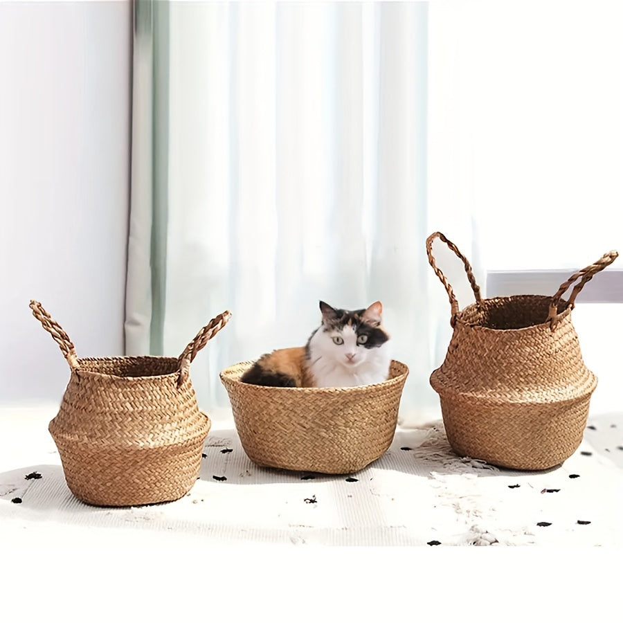 Cesta de almacenamiento de pasto marino vintage con parte superior abierta para plantas, lavandería, comestibles