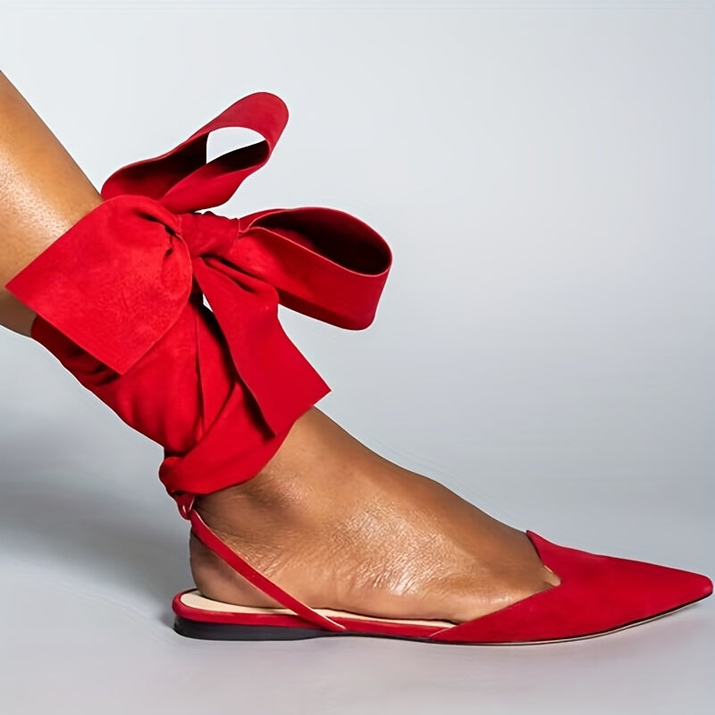 Women's Red Bowknot Ankle-Strap Sandals Breathable Fabric Cushioned Flat