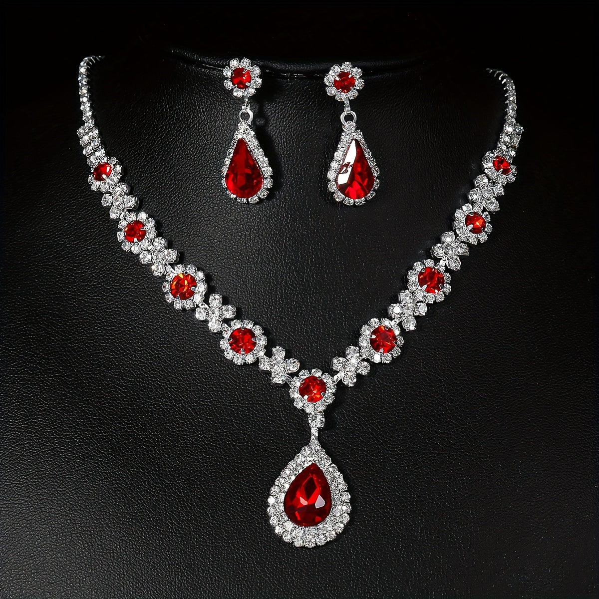 Silver Plated Jewelry Set for Women Red Rhinestone Flower Teardrop Pendant for Parties